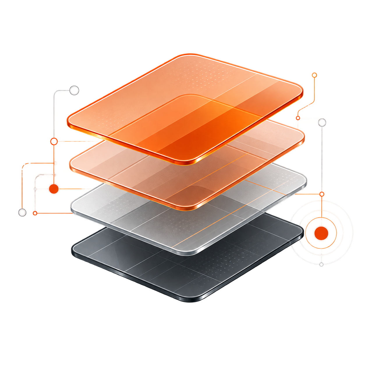 Four stacked translucent layers — vermilion on top, greys receding beneath — wired to gate nodes